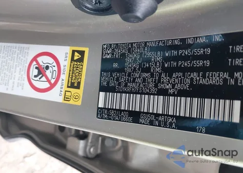 2015 Toyota Highlander Limited V6 z USA, uszkodzony, nr VIN 5TDYKRFH7FS104392